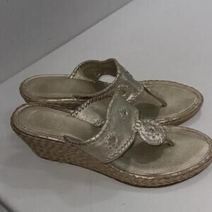 Jack Rogers Old Money Designer Marbella Mid Wedge Sandals Gold Leather Shoes 10M